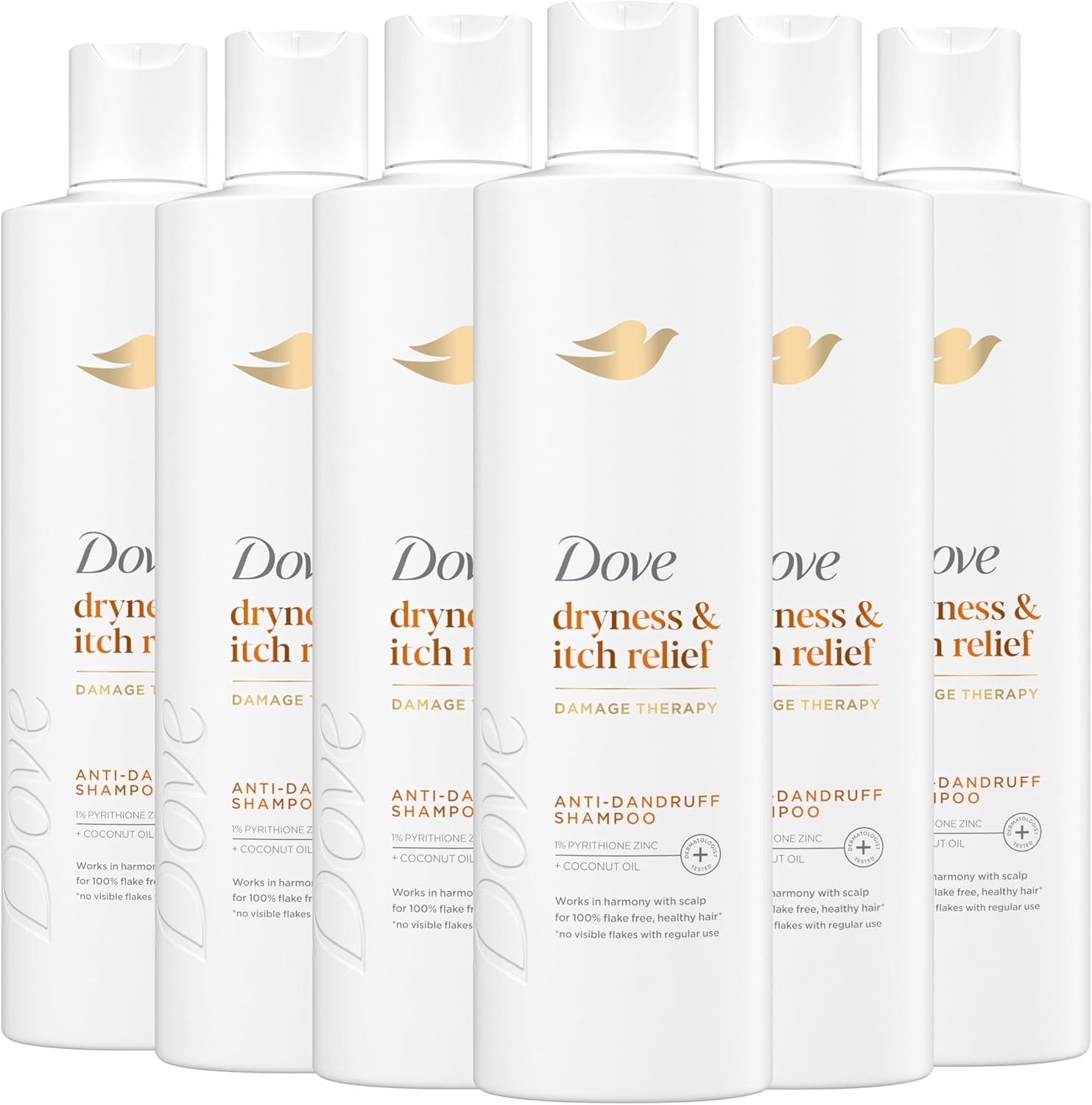 Dove Damage Therapy Derma Shampoo Dryness + Itch Pack of 6 for Flaky Scalp with Pyrithione Zinc and Coconut Oil 12 Fl Oz