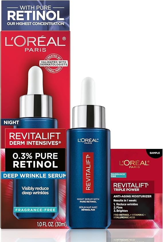L'Oreal Paris Revitalift 0.3% Pure Retinol Night Serum, Reduce Deep Wrinkles, Fragrance Free 1 oz + Moisturizer Sample